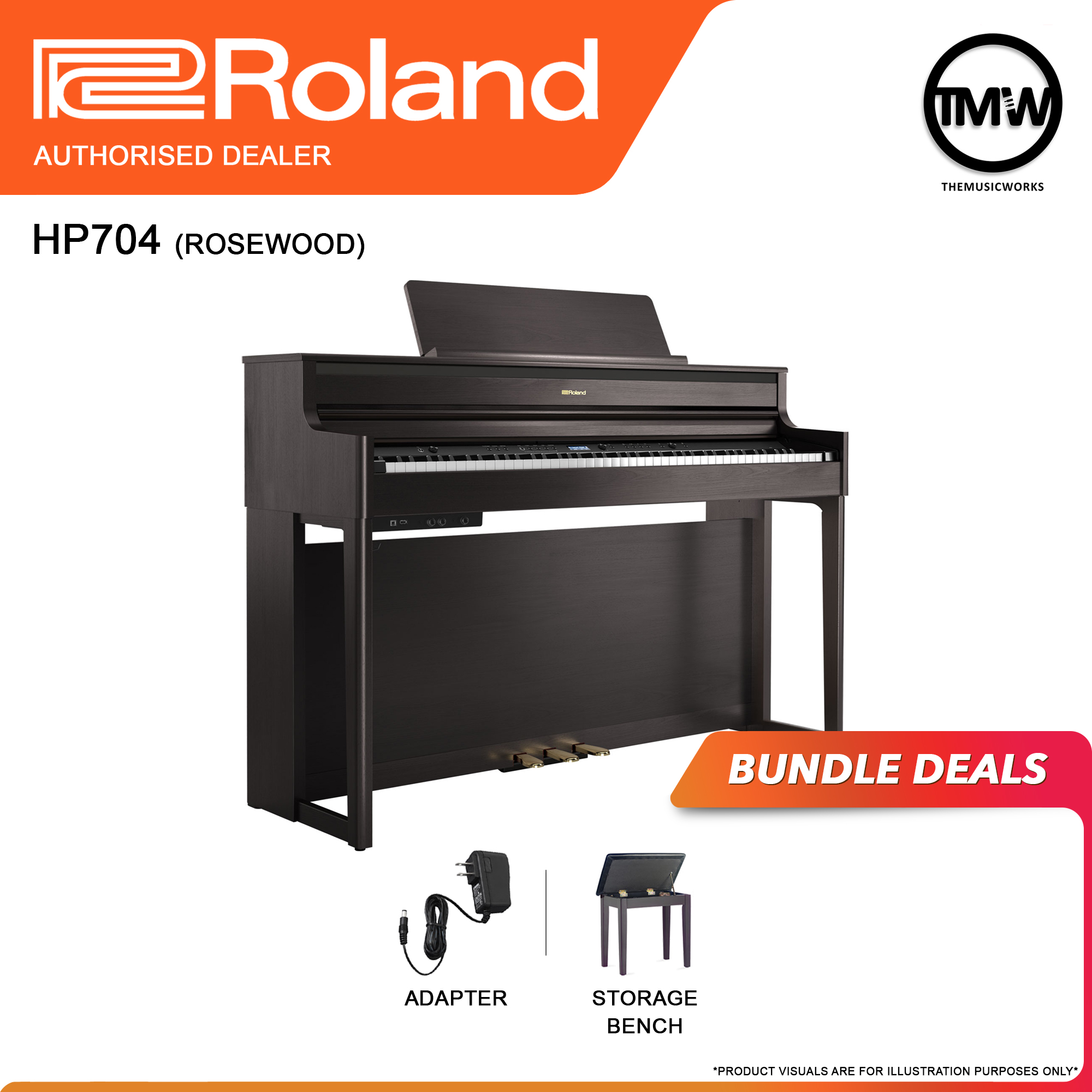 roland hp704 dark rosewood with adapter, and storage bench