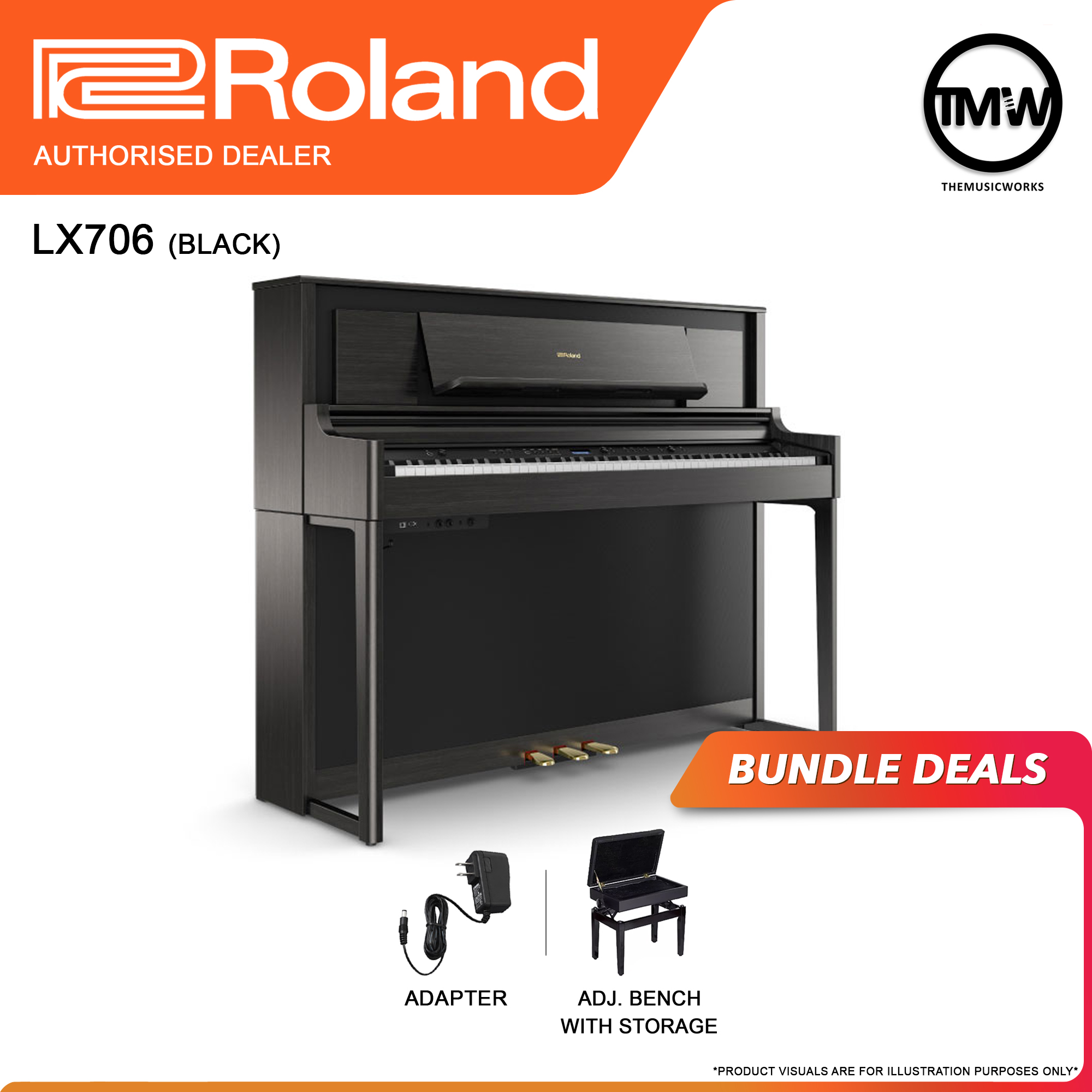 roland lx706 black with adapter, and adjustable bench with storage