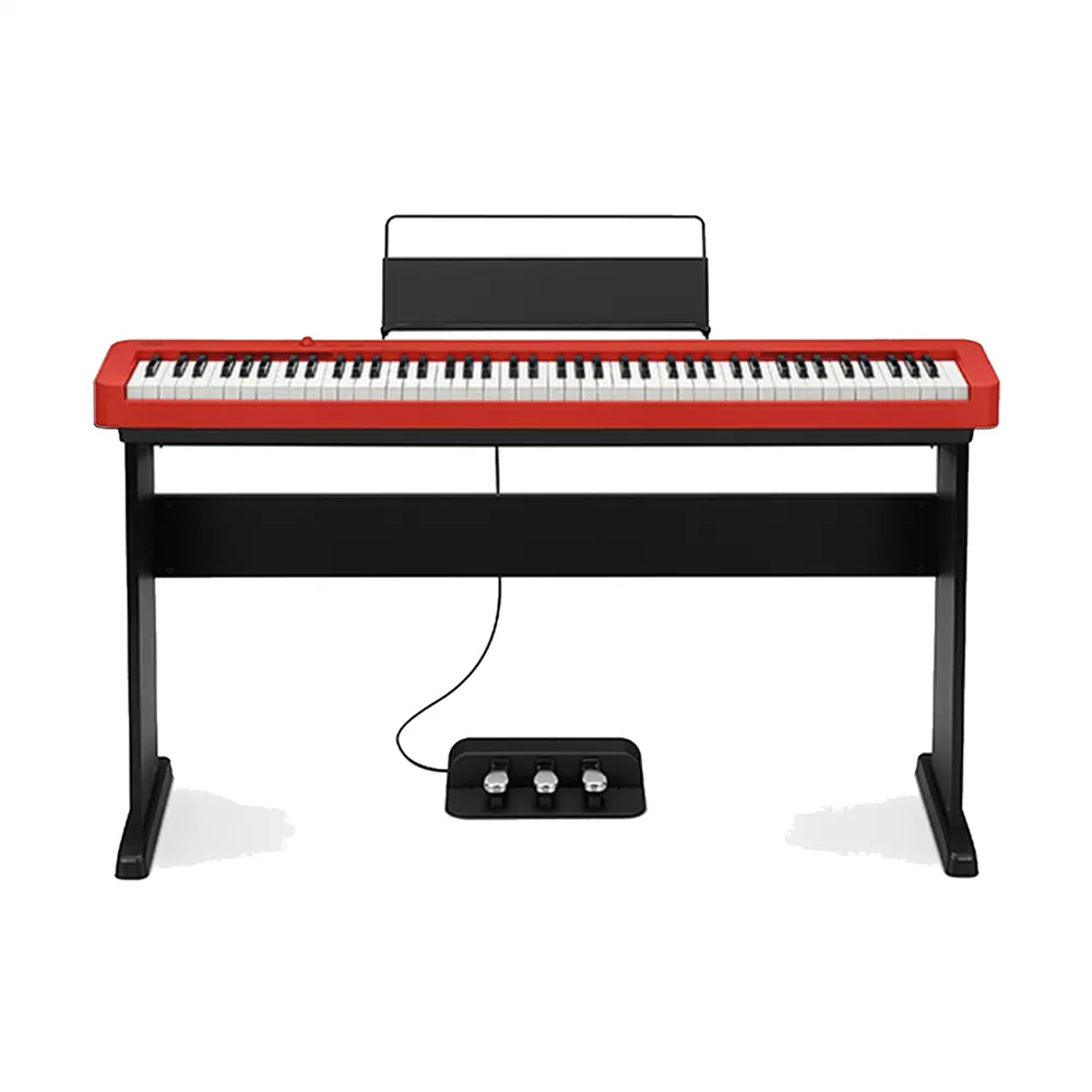 casio cdp-s160 red digital piano with wooden stand and tri-pedal