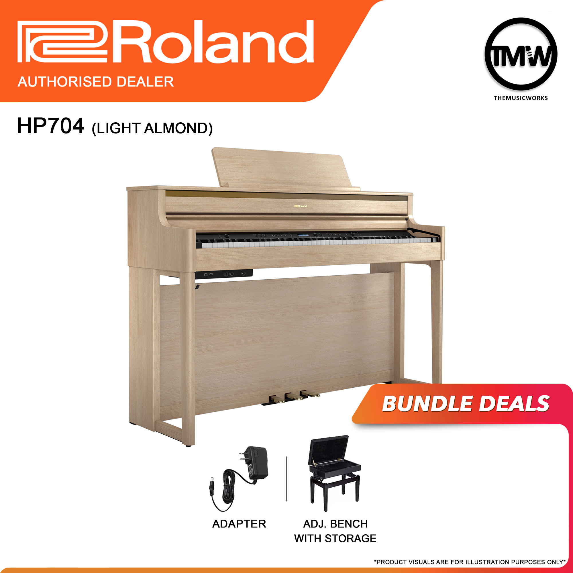 roland hp704 light almond with adapter, and adjustable bench with storage