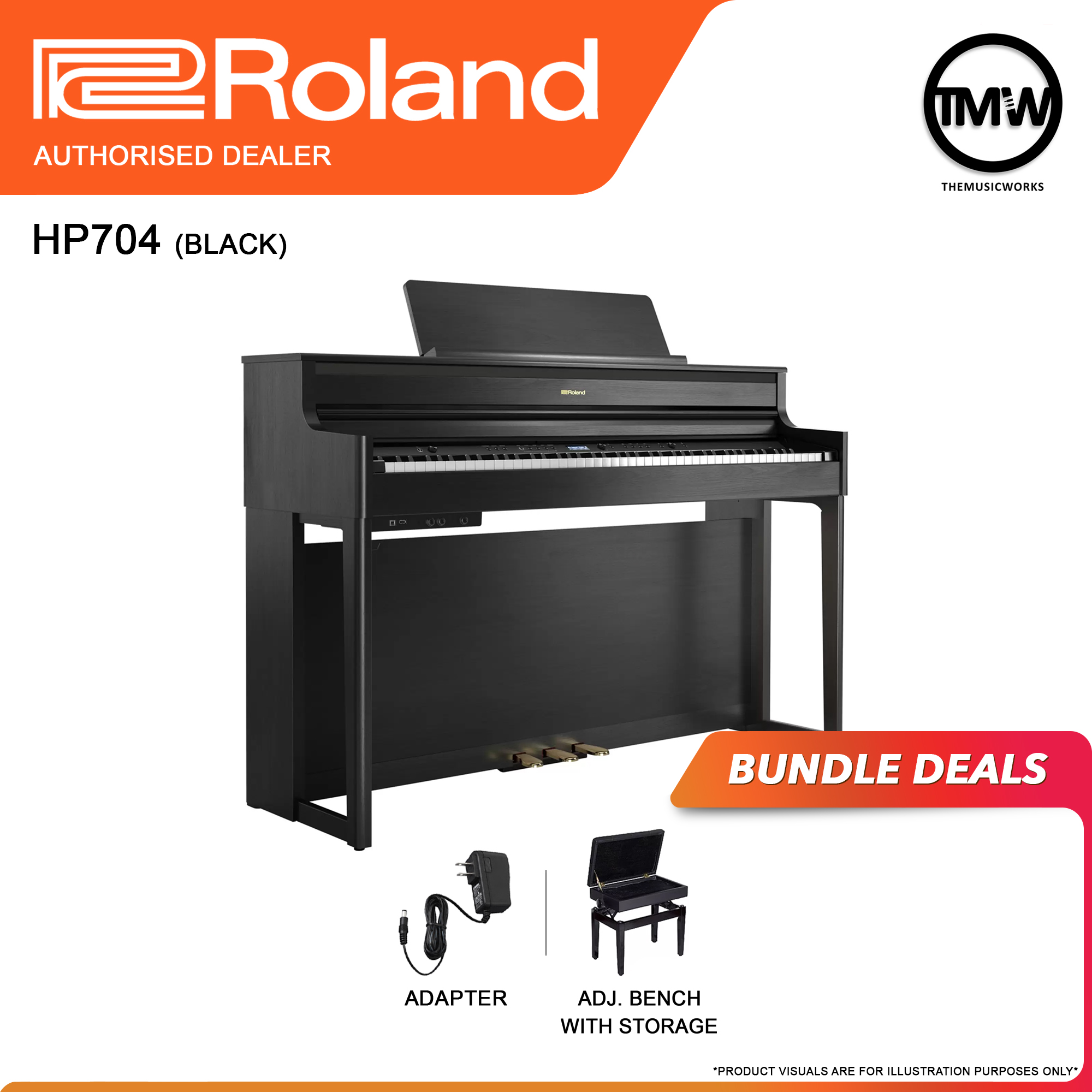 roland hp704 black with adapter, and adjustable bench with storage