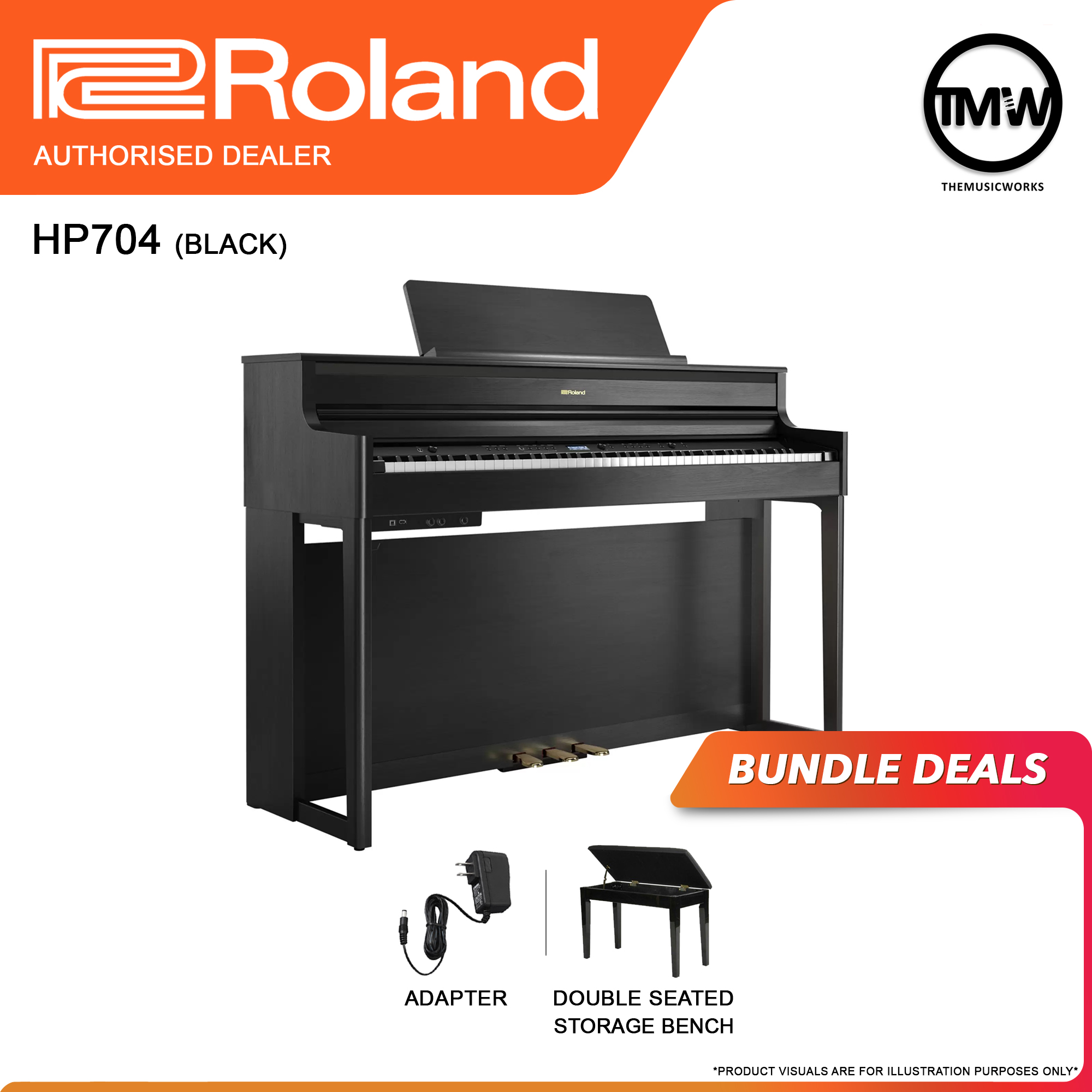 roland hp704 black with adapter, and double seated storage bench