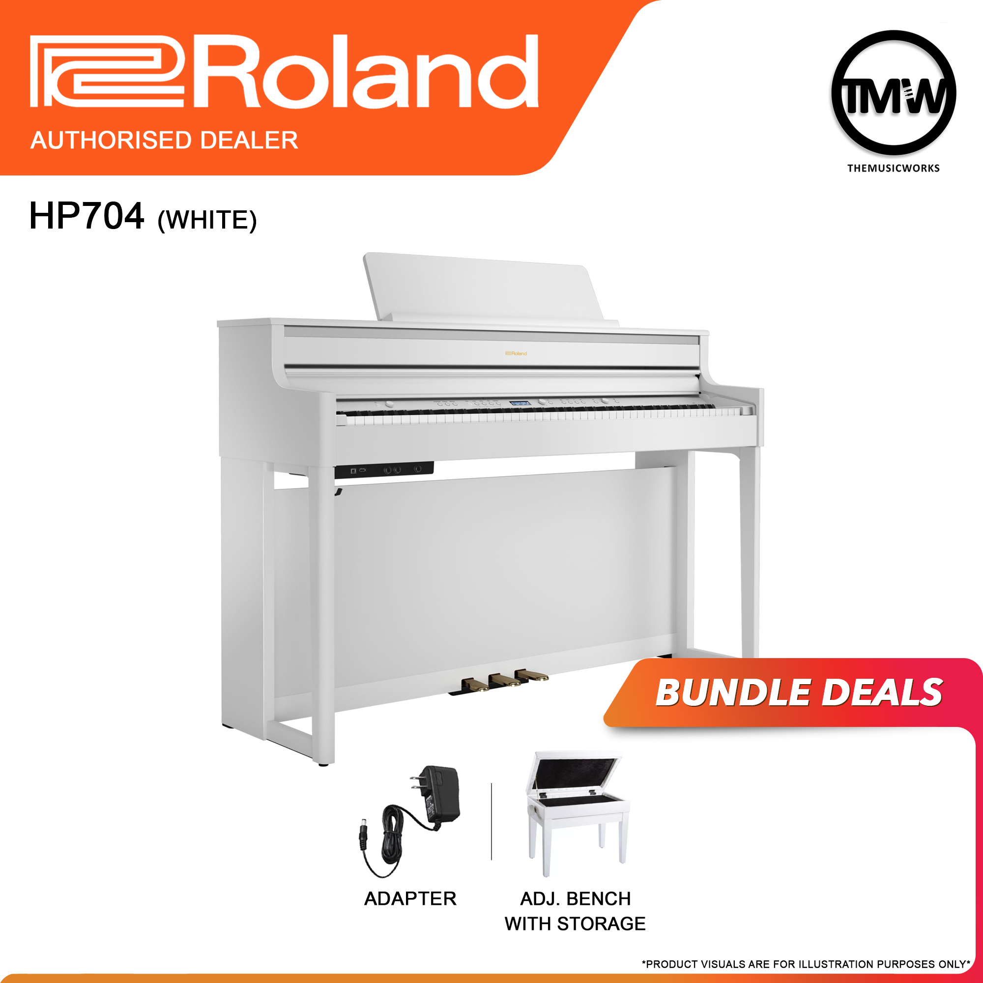 roland hp704 white with adapter, and adjustable bench with storage