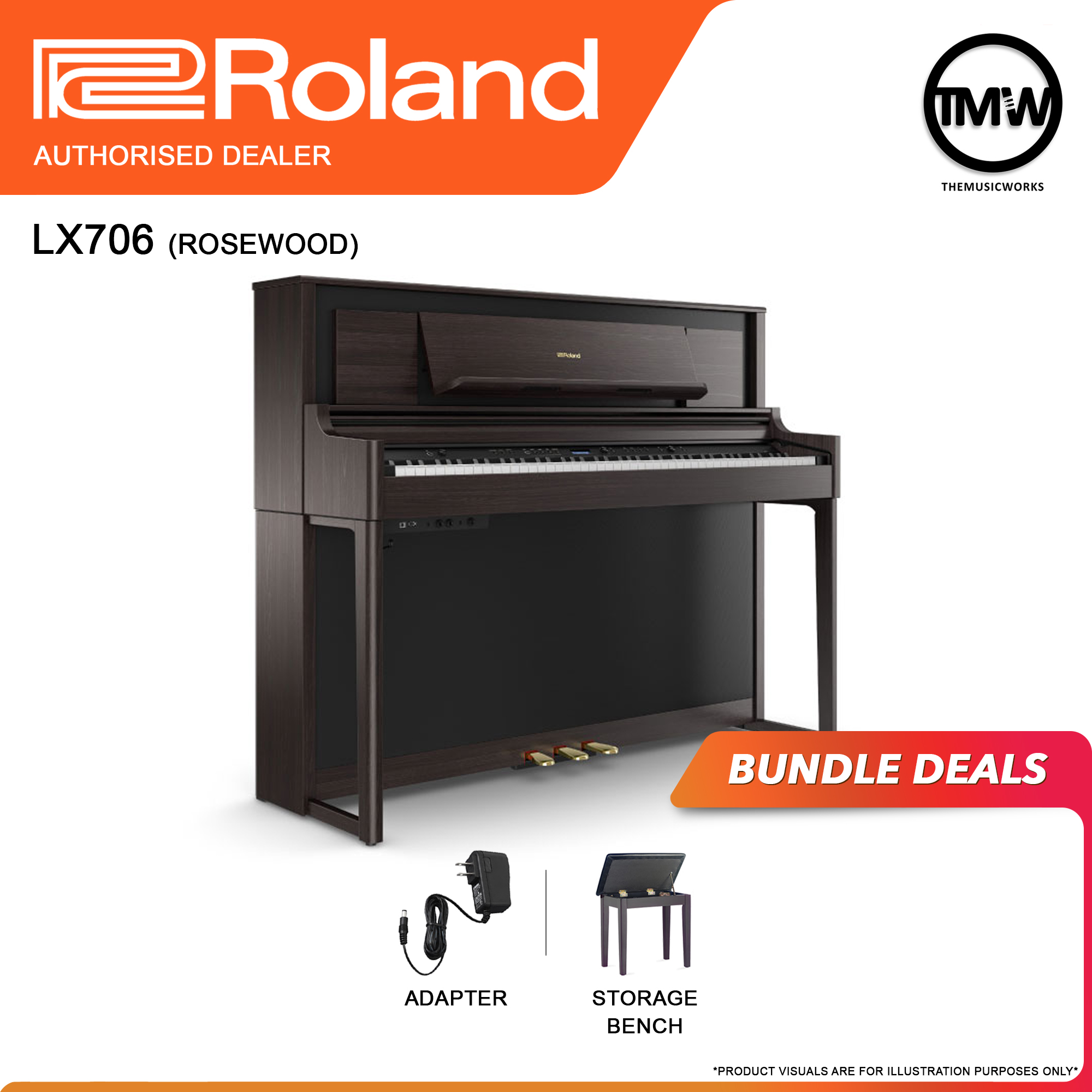 roland lx706 rosewood with adapter, and storage bench
