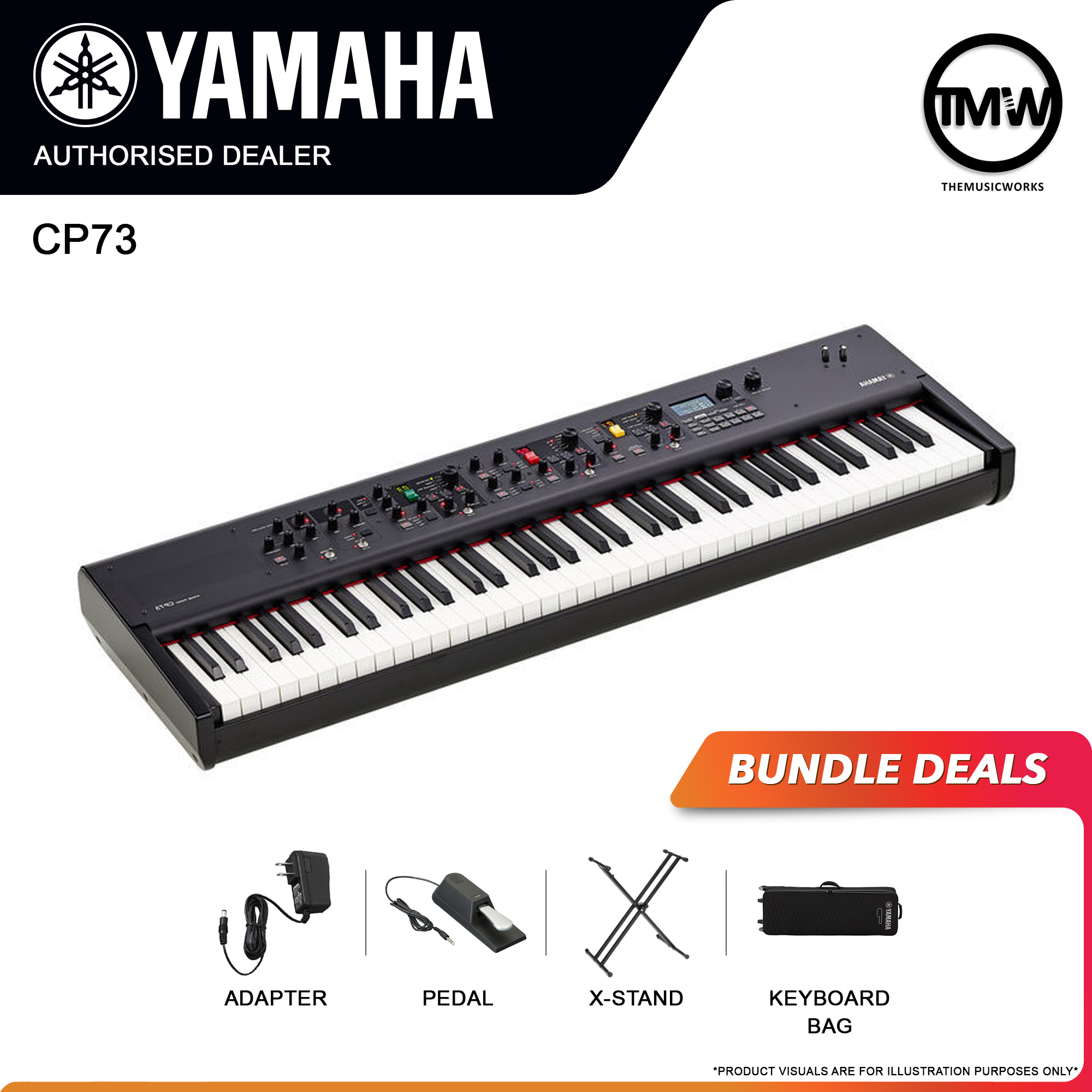 yamaha cp73 with adapter, pedal, x-stand, and keyboard bag