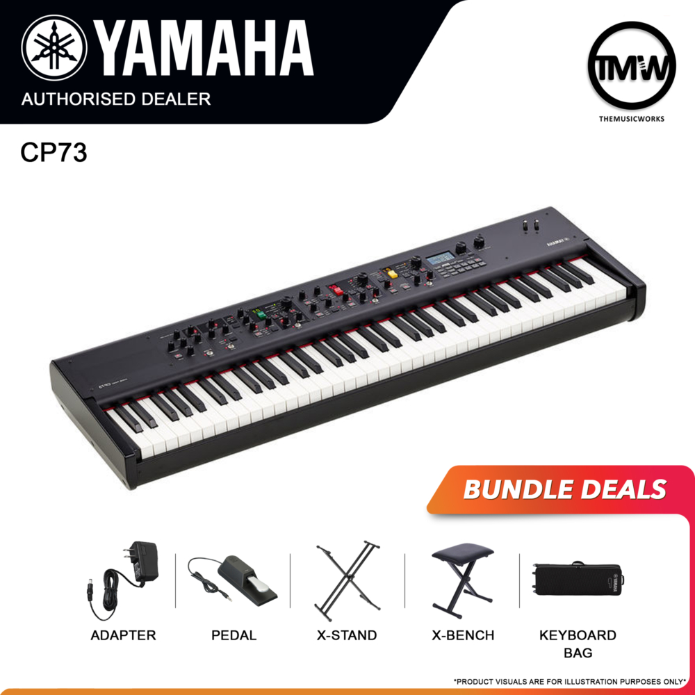 yamaha cp73 with adapter, pedal, x-stand, x-bench, and keyboard bag