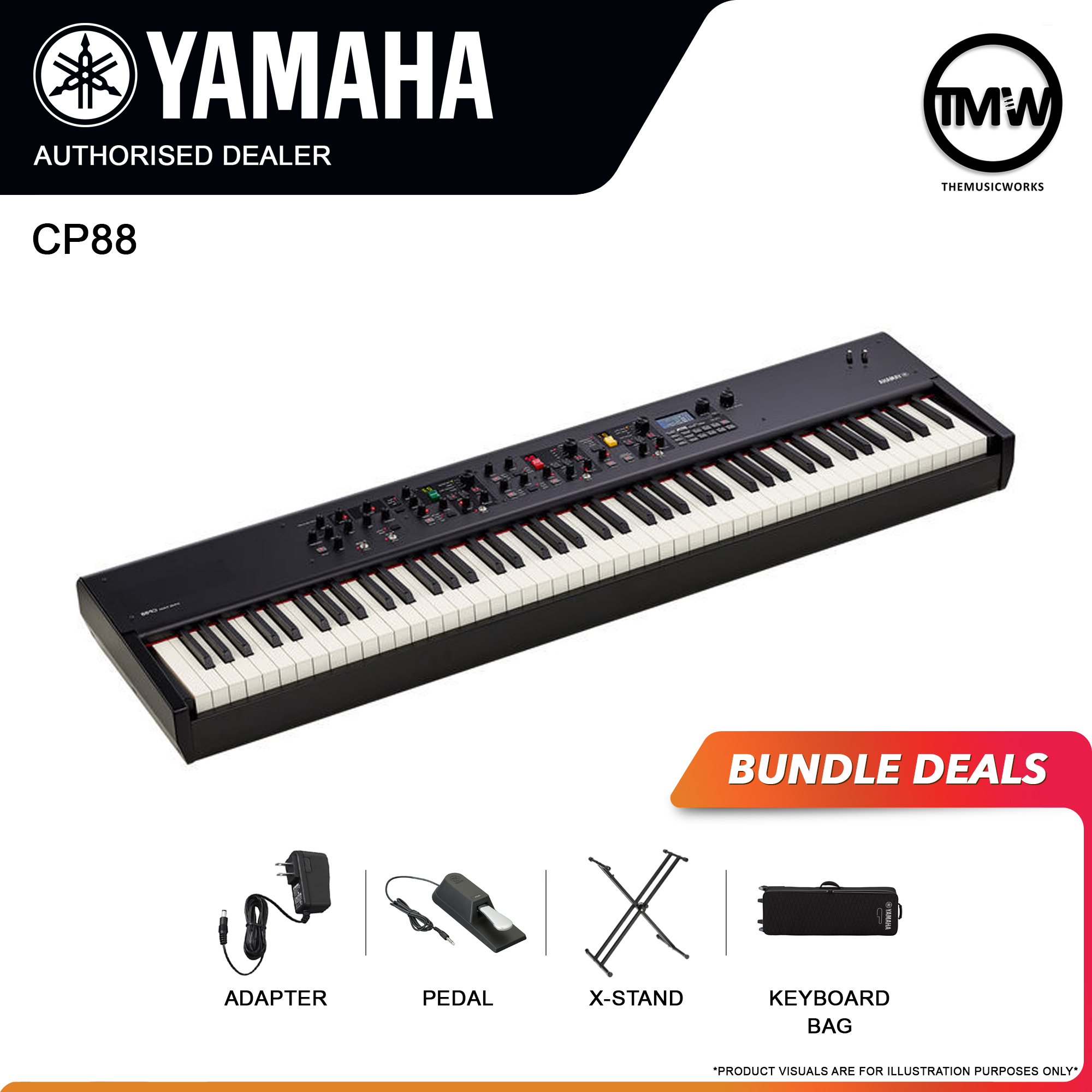 yamaha cp88 with adapter, pedal, x-stand, and keyboard bag