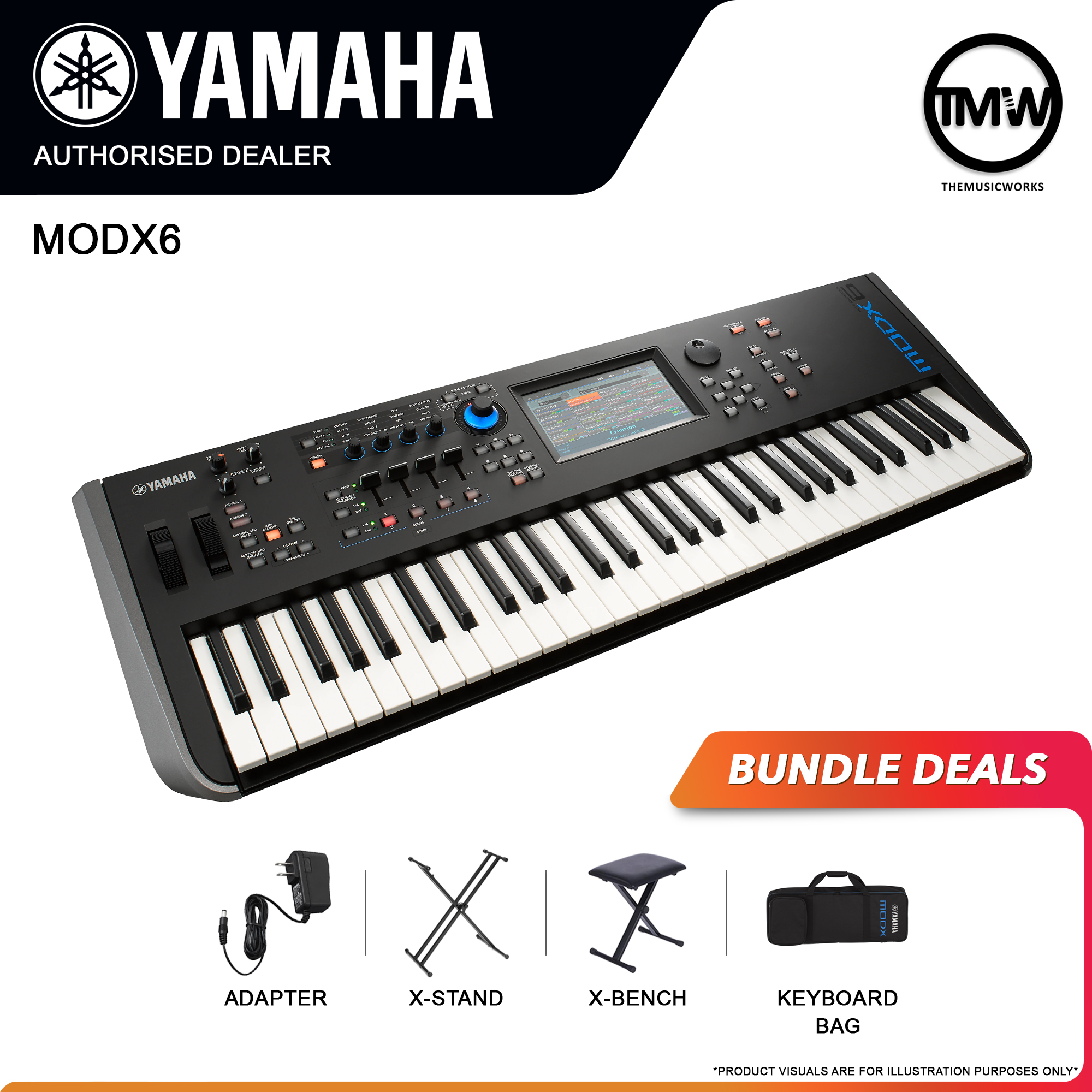 yamaha modx6 with adapter, x-stand, x-bench and keyboard bag