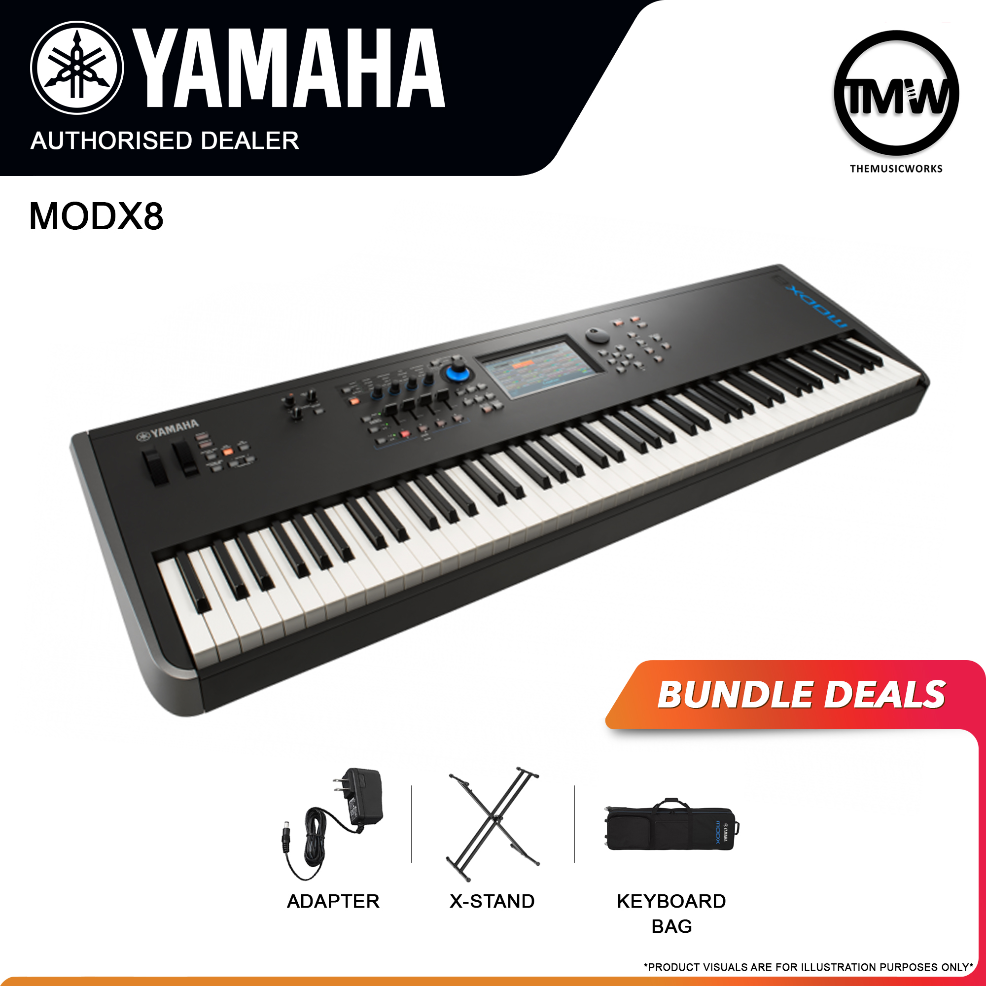 yamaha modx8 with adapter, x-stand, and keyboard bag