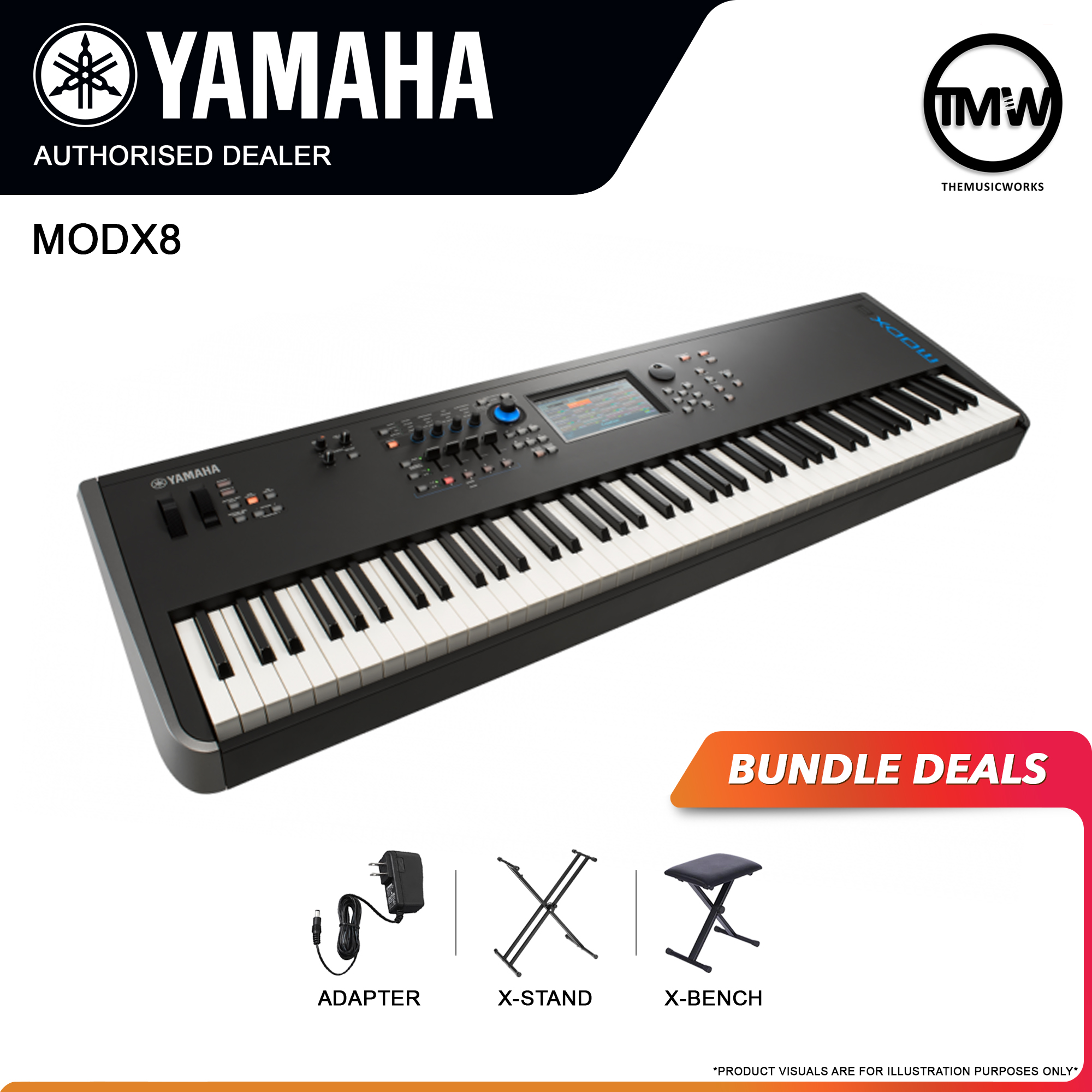 yamaha modx8 with adapter, x-stand, and x-bench