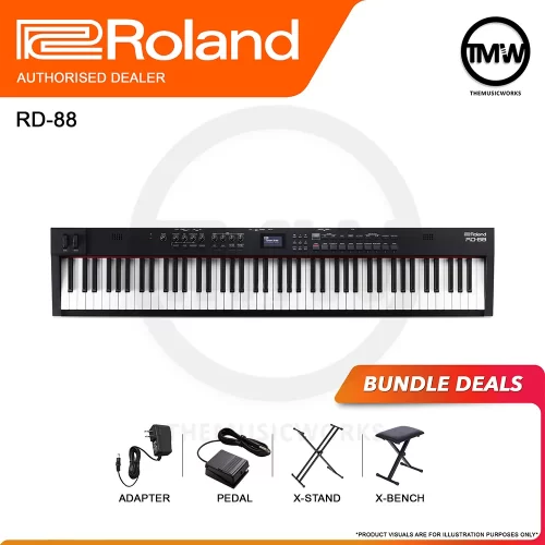 roland rd-88 digital stage piano with adaptor sustain pedal x-stand x-bench